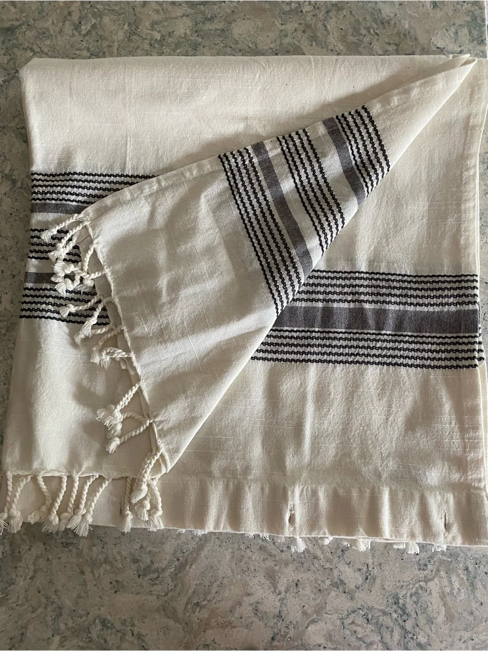 Threshold Cream Shower Curtain with Gray Stripe Trim